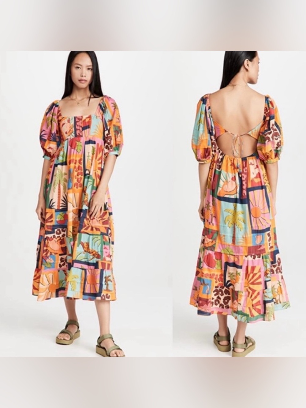 FARM RIO- Vibrant Multi-Color Print Puff Sleeve Maxi Dress (M) - Picture 11 of 16